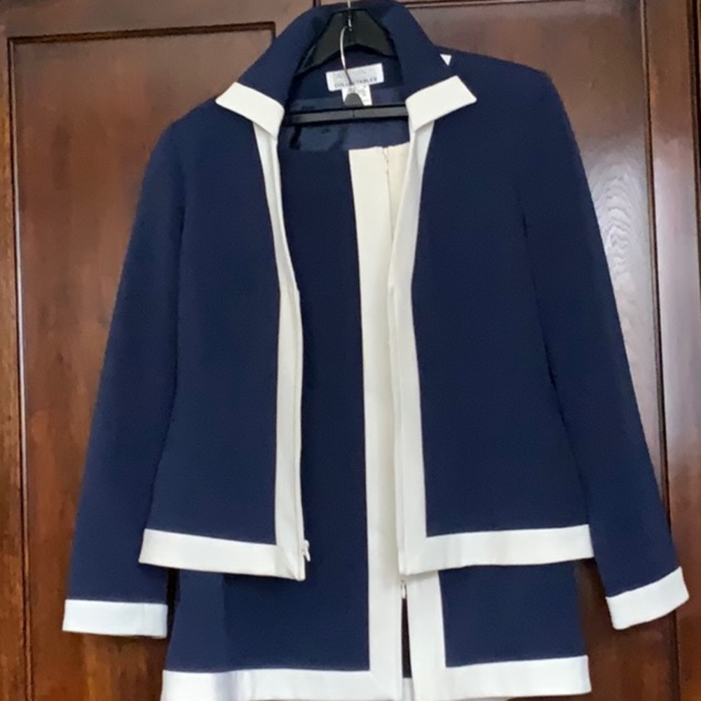 Navy blue dress suit skirt and jacket on ensemble navy and white